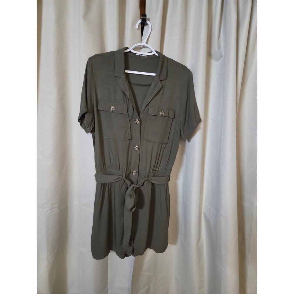 Olive Green Utility Romper Short Sleeve Button Front Belted Rayon Large